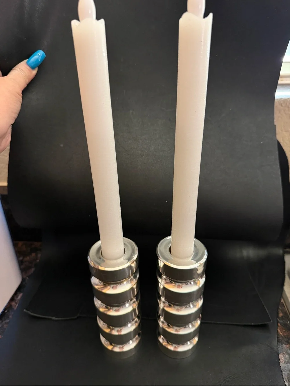 MCM Industrialist Brutalist Candlesticks Silver Plated Heavy Segmented Cylinders